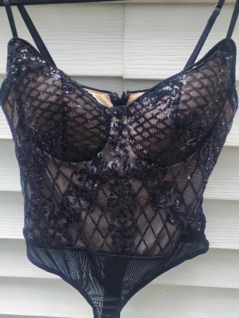 Lulu's Black and Nude Sequin Contrast Lined Bodysuit, Snap Closure - Picture 4 of 10